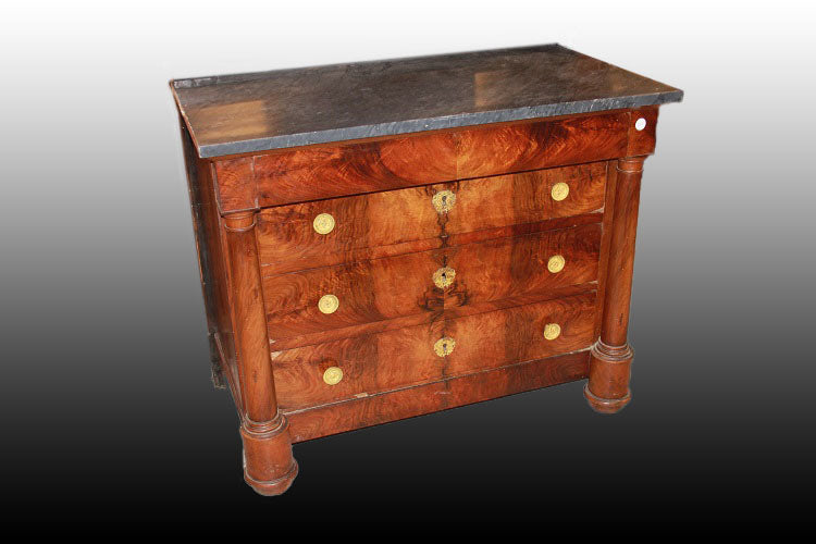 Small French Empire style chest of drawers in mahogany wood with marble top and gilded bronzes