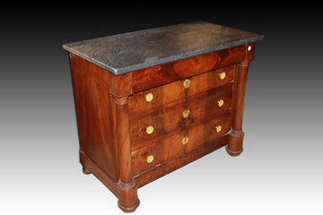 Small French Empire style chest of drawers in mahogany wood with marble top and gilded bronzes