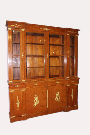 Large 19th century French Empire style bookcase in briarwood with gilded bronzes