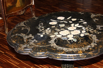 Papier machè coffee table, black lacquered with mother-of-pearl and paint decorations