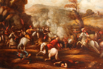 Oil on canvas from the early 20th century depicting a battle