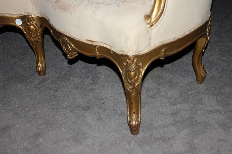 Divano Confident francese del 1800 stile Luigi XV in legno dorato
