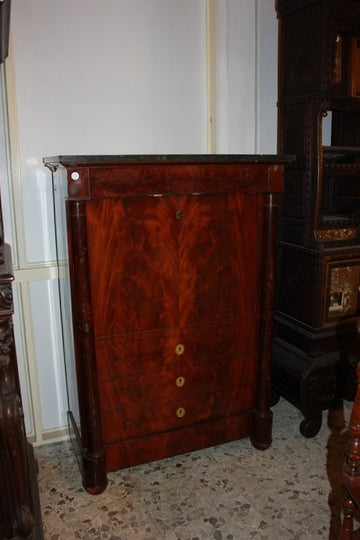 19th century French Empire style secretaire desk chest in mahogany wood and mahogany feather