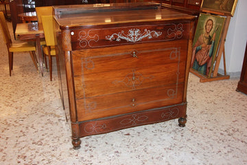 19th century Spanish chest of drawers in walnut with silver metal inlay motifs
