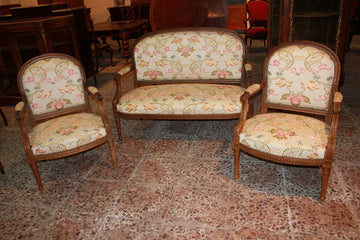 French living room 1 sofa and 2 Louis XVI style armchairs in 19th century walnut wood