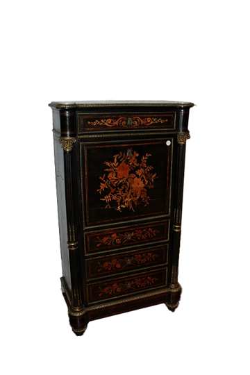 Secretaire francese stile Napoleone III in legno di ebano riccamente intarsiato