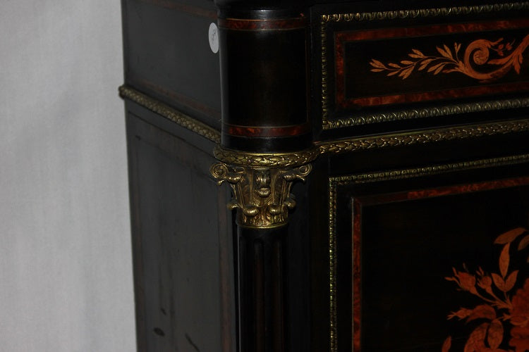 Secretaire francese stile Napoleone III in legno di ebano riccamente intarsiato