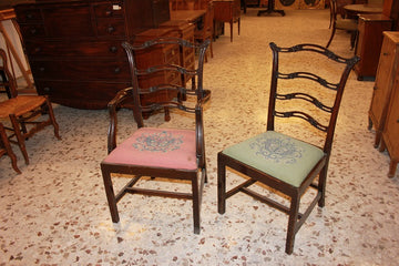 Group of 8 English Chippendale style chairs from the 1800s in mahogany wood with small stitch embroidered seats