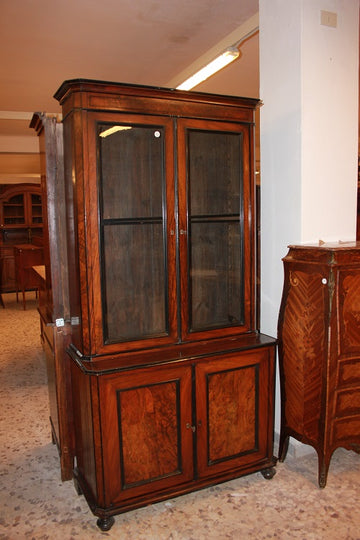 French two-body walnut flamed bookcase in Louis Philippe style from the 1800s
