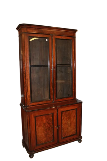 French two-body walnut flamed bookcase in Louis Philippe style from the 1800s