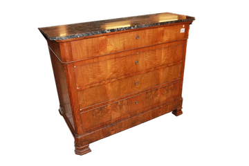 Comò Luigi Filippo di metà 1800 in legno di noce Fiammato con 4 cassetti e piano in marmo