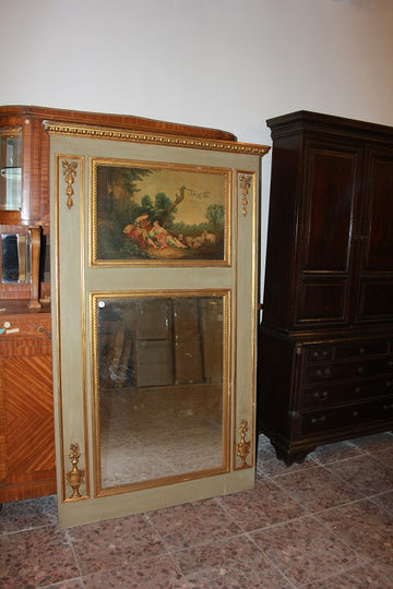 Mirror with a French Rococo-style painting depicting a gallant scene from the 1800s