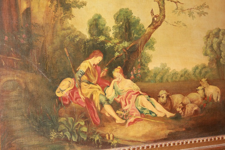 Caminiera specchiera con dipinto scena galante francese stile Luigi XV del 1800