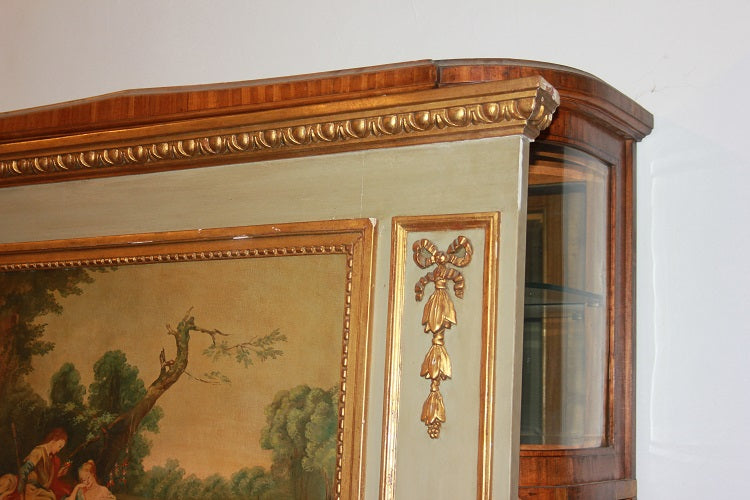 Caminiera specchiera con dipinto scena galante francese stile Luigi XV del 1800