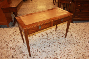 French 1800s Louis XVI Walnut Writing Desk with Inlays and Leather Top