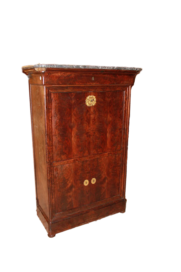 Secretaire francese stile Impero in Piuma di mogano con piano in Marmo Nero