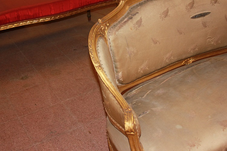 Salotto Francese Stile Luigi XV in legno dorato metà 1800 2 Poltrone 1 Divano