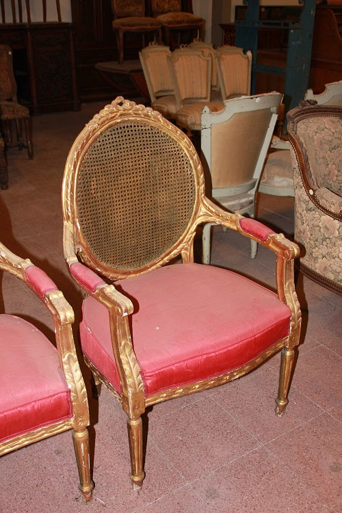 Salotto Francese Stile Luigi XVI Dorato Foglia Oro 2 Divani 2 Poltrone del 1800