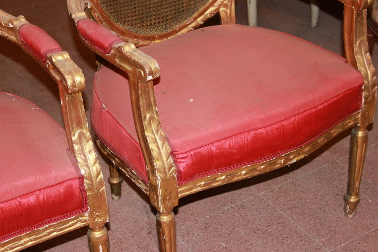 Salotto Francese Stile Luigi XVI Dorato Foglia Oro 2 Divani 2 Poltrone del 1800