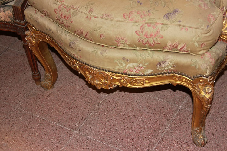 Salotto Francese 1 Divano e 2 Poltrone Stile Luigi XV in Legno Dorato Foglia Oro