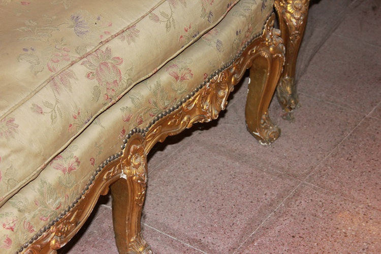Salotto Francese 1 Divano e 2 Poltrone Stile Luigi XV in Legno Dorato Foglia Oro