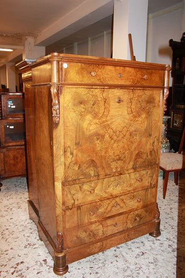 Walnut Root Veneer Biedermeier Style Secretary desk chest from the 1800s Northern Europe