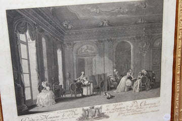 French Engraving from the 1800s depicting characters in an interior salon scene