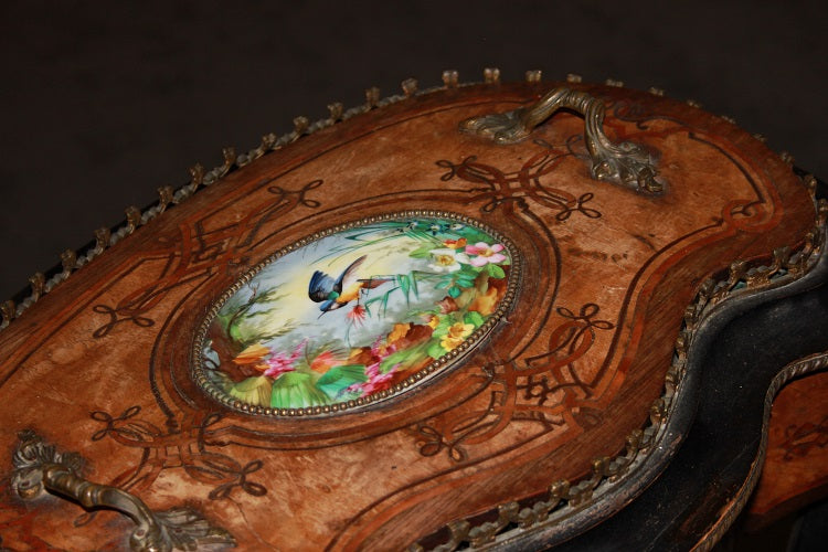 Porta piante francese del 1800 stile Napoleone III Intarsiato e con Porcellana