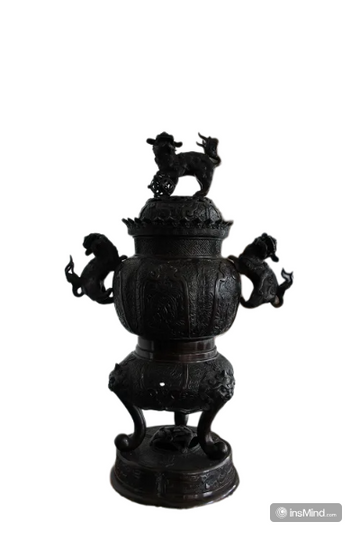 Grande Vaso Cinese in Metallo del 1800 con Cani di Pho