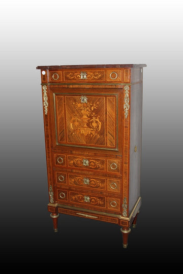French Napoleon III style secretaire from 1800 with floral inlays and gilded bronzes in bois de violette wood
