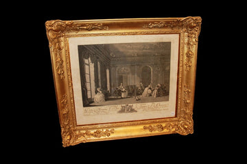 French Engraving from the 1800s depicting characters in an interior salon scene
