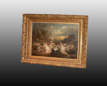 French oil on canvas "Bacchanal with Nymphs" Signed Marie Rosalbin de Buncey 1833 - 1891