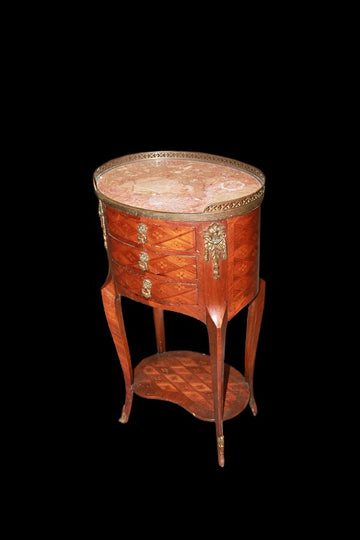 Small French Louis XV style bedside table from the 1800s with marble, bronzes and inlays