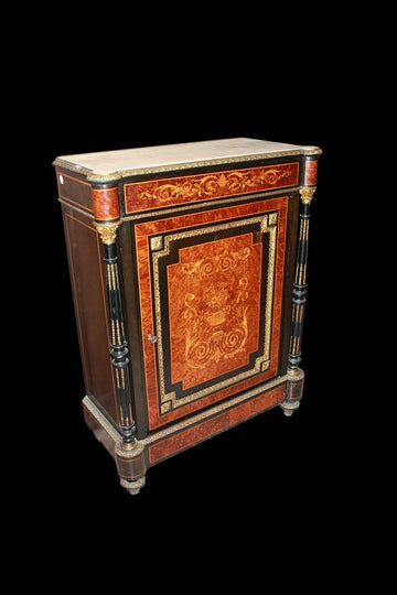 French Louis XVI style 1 door small sideboard from the 1800s in richly inlaid ebony wood