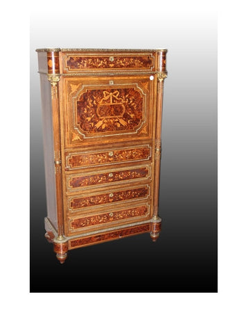 Secretaire francese stile Napoleone III del 1800 con ricchi intarsi e bronzi