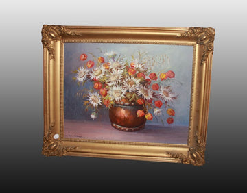 French oil on panel from the late 19th century, signed, depicting flowers