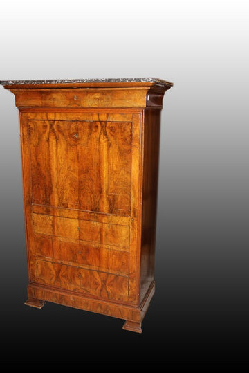 Empire style secretaire desk chest from the second half of the 19th century in walnut root with black marble top