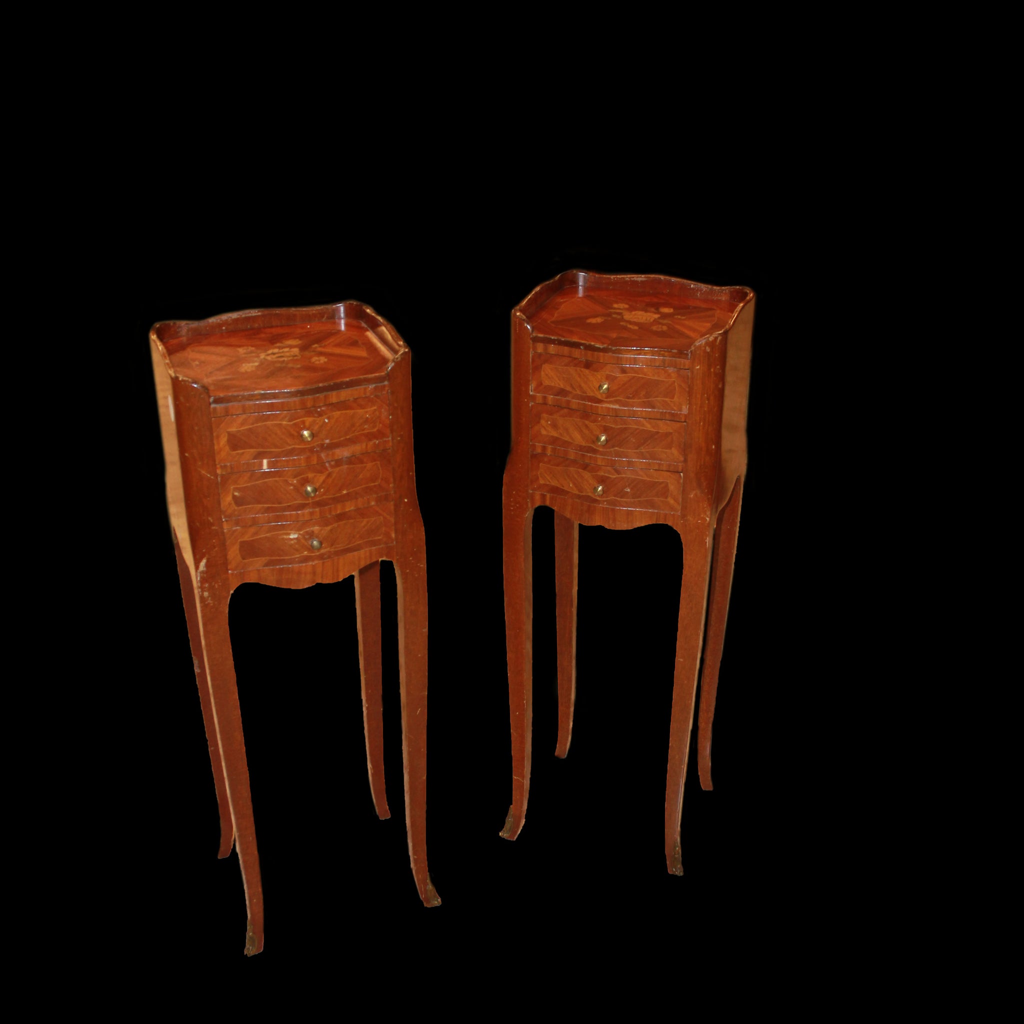 Pair of Louis XV style bedside cabinets in richly inlaid bois de rose wood