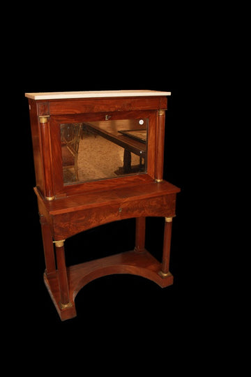 Mobiletto secretaire francese stile Impero di metà 1800 in legno di mogano con piano in marmo e specchio