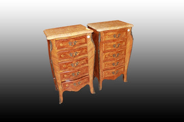 Pair of splendid five-drawer Louis XV style bedside tables in bois de rose with marble top