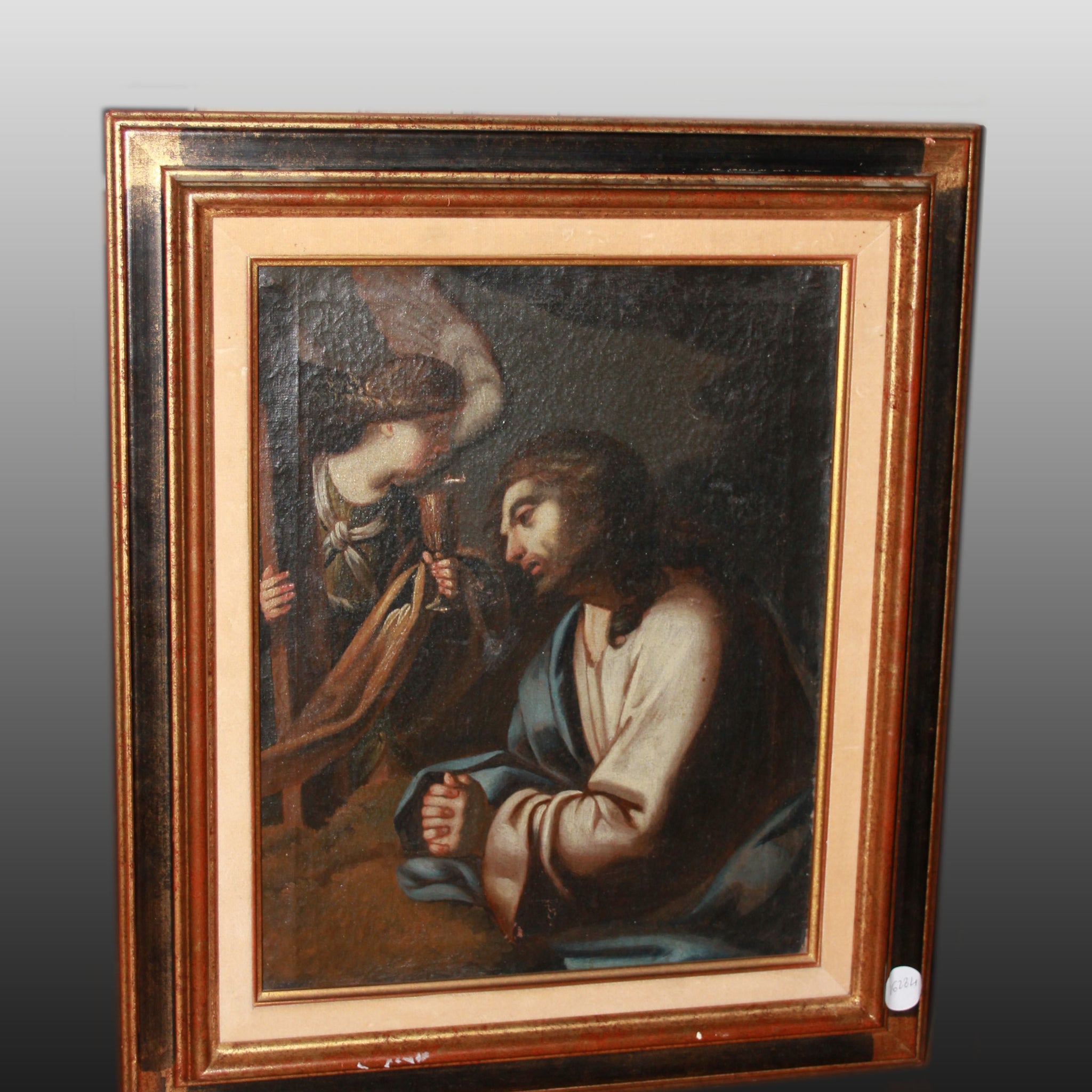 Olio su tela francese del 1600 "Cristo Gesù con Angelo nel Getsemani"