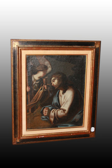 Olio su tela francese del 1600 "Cristo Gesù con Angelo nel Getsemani"