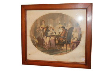 French color Engraving  from 1800. Interior scenes. Characters playing cards