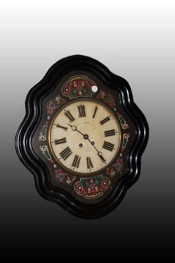 French hanging clock from the 19th century, black lacquered and with cloisonne inlay