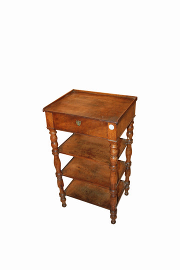 French Louis Philippe style bedside table in walnut wood with shelves and drawer