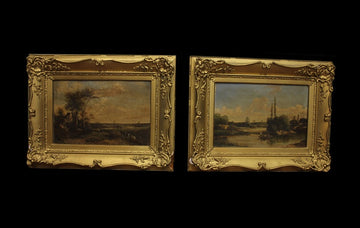 Coppia di Oli su Tela Francesi 1800 Raffigurante Paesaggi Campestri