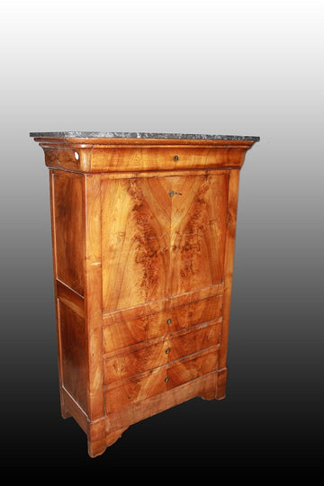 19th century French Empire style secretaire desk chest in mahogany feather with black marble top