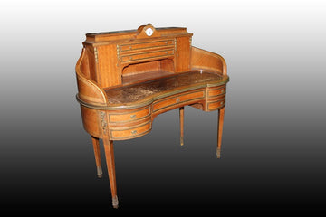 Precious French 19th century Louis XVI style writing desk in bois de rose wood with clock