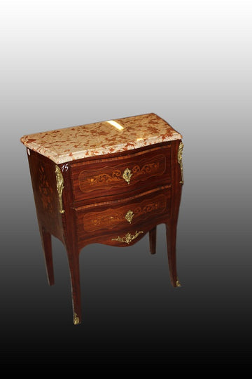 French Louis XV style samll chest of drawers with French red marble and bronze inlays