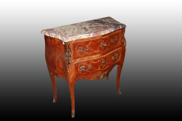 Small French chest of drawers the 1800s Louis XV with marble and inlays